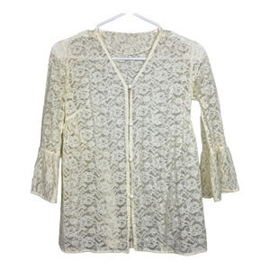 Jantzen Vintage Cream Floral Lace Button-Up 3/4 Bell Sleeve Top USA Size Small